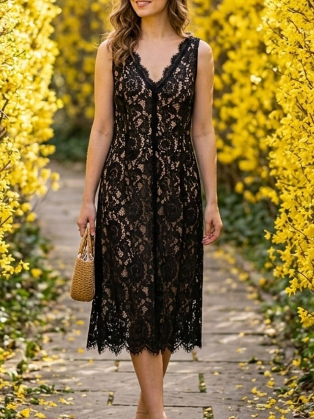 LOFT Black Lace V-Neck Midi Dress